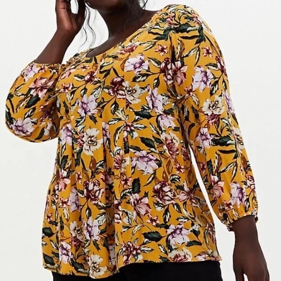 Torrid Yellow Floral Crinkle Gauze Blouse Top Flowy Women’s Size 4 US Size 4X - Picture 1 of 11